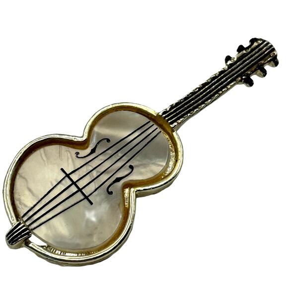 Vintage Mother of Pearl Violin Guitar String Shell - Gold Instrument Brooch Pin - Picture 3 of 8